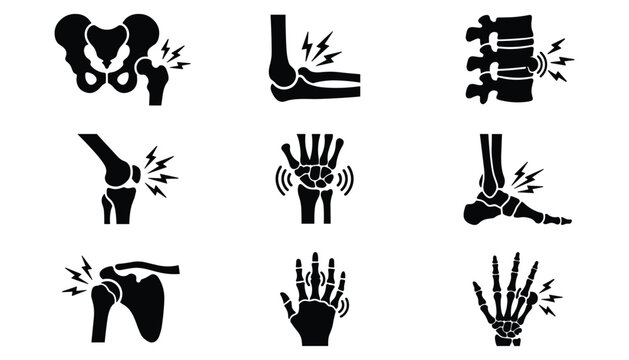 Set of joint pain icons including hip knee elbow hand wrist foot and shoulder on transparent background vector illustration.
