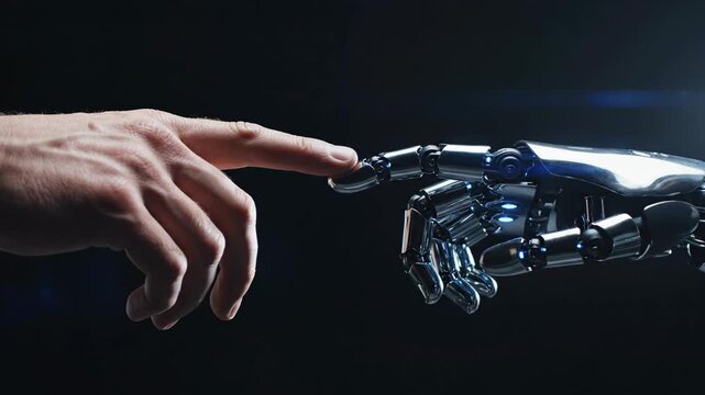 Human hand touching robot finger creating connection