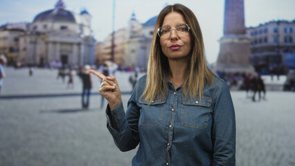 Woman pointing finger to left wearing denim shirt and glasses in historic city square with obelisk and church facade  skepticism doubt. © Krakenimages.com