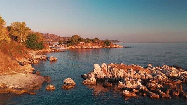 Aerial Drone Flight Toward Kanoni and Mpataria Beaches on Kassiopi Coastline Corfu Greece