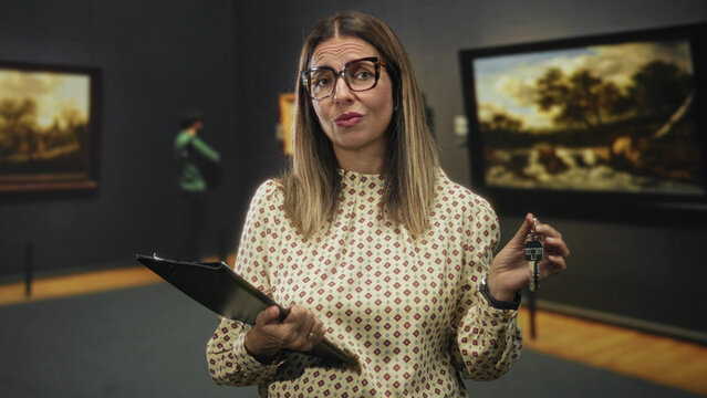 Middle age woman holds keys and clipboard and makes a skeptical face while standing in a museum building; skepticism.