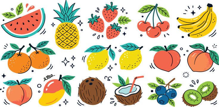 Hand drawn tropical and seasonal fruit collection with watermelon pineapple strawberry and mango vector illustration set