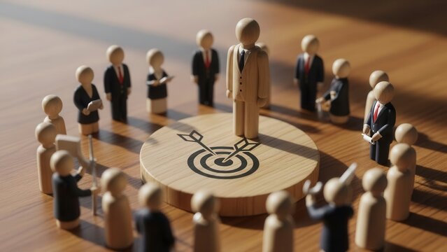 A Realistic Depiction of Leadership Dynamics with Wooden Figures Illustrating Influence, Strategy, and Collaboration Among a Group towards a Central Goal