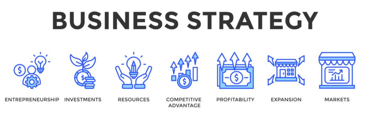 Business Strategy  Banner Web  Icon Set Collection Pack Vector Illustration Concept Containing Entrepreneurship, Investments, Resources, Competitive Advantage, Profitability, Expansion, Markets