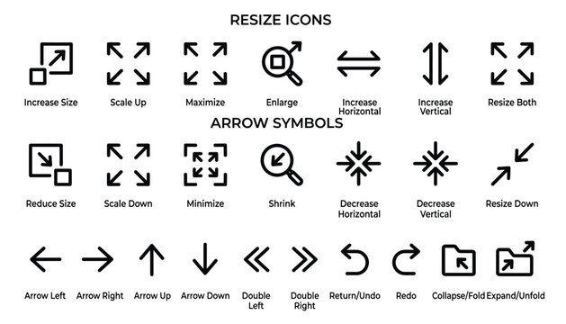 Resize and arrow symbols including increase, decrease, scale, maximize, minimize, and direction.