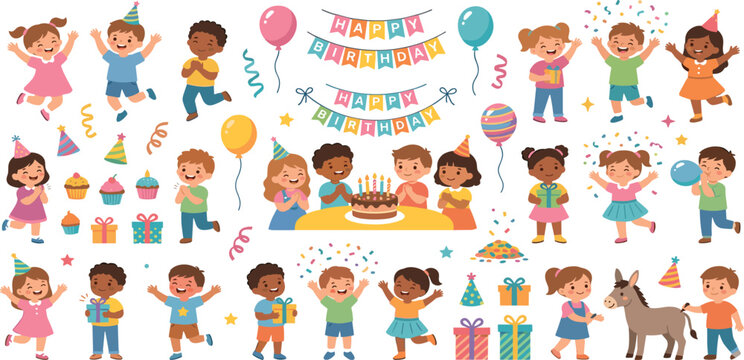 Happy diverse children celebrating birthday party with cake balloons gifts and festive games vector illustration set