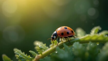 Obraz premium Close-Up Ladybug on Dewy Green Leaf in Golden Sunlight