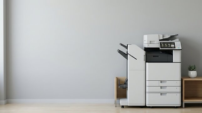 Office printer and photocopier machine positioned in a clean minimalist room with soft natural lighting and vast copy space. Perfect for office equipment and corporate service marketing.