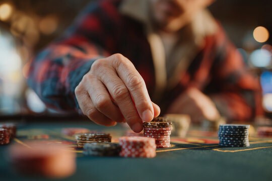 Casino gambling addiction risky bet hands placing chips on roulette table tension and loss concept