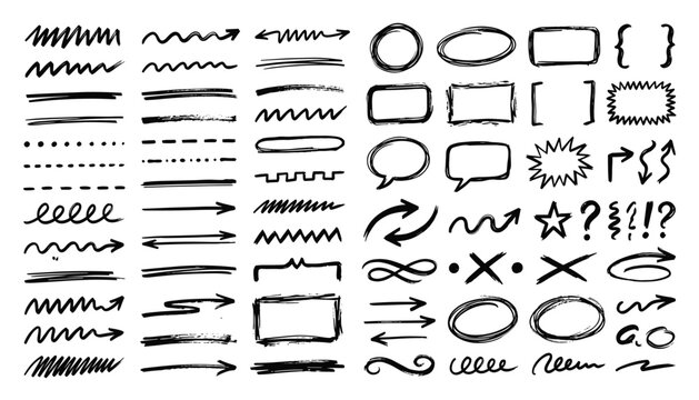 Set of hand drawn brush stroke elements, vector lines and shapes with transparent background for design.