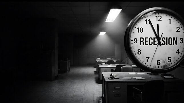Recession clock face displayed in a dark empty office with moody low-key lighting and sharp focus on the dial. This is ideal for economic downturn editorial content.