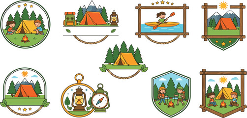 Outdoor summer camp adventure badge set with kids camping hiking canoeing and mountain nature landscape vector © Mahan