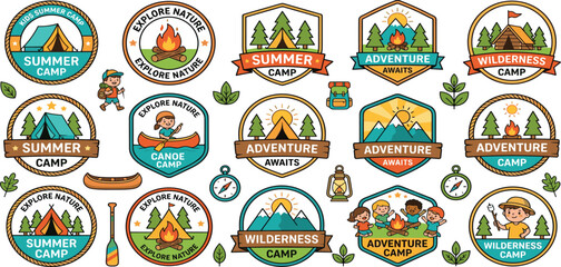 Outdoor summer camp adventure badge set with kids hiking camping canoeing and mountain nature landscape vector © Mahan