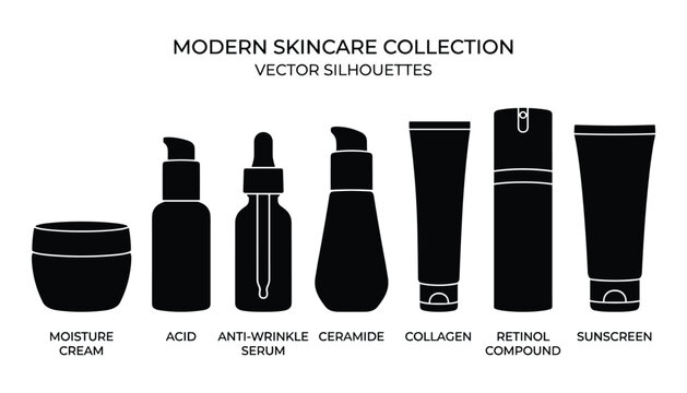 Transparent vector silhouettes of modern skincare products including moisture cream, acid serum, anti-wrinkle, ceramide, collagen, retinol, and sunscreen on checkered background.