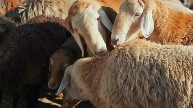 Close-up of sheep and rams feeding in dense herd, detailed wool texture and livestock interaction in rural farm environment, natural agriculture conditions and traditional pastoral farming scene