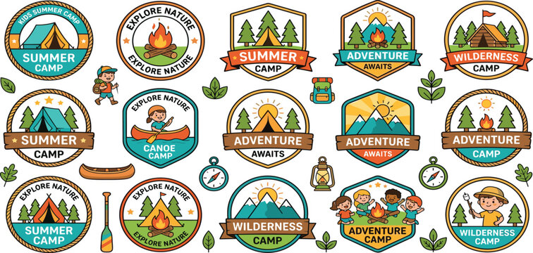 Outdoor summer camp adventure badge set with kids hiking camping canoeing and mountain nature landscape vector