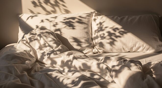 "Cozy unmade bed with white crumpled sheets and pillows, morning sunlight casting soft tree shadows across the bedding, warm and peaceful bedroom scene"
