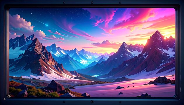 Panoramic vista of snow-capped peaks under a vibrant, colorful sunset sky with shooting star, as seen through a frame