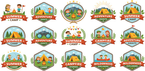 Fototapeta premium Summer camp adventure badge set with kids camping hiking campfire and wilderness exploration vector illustration collection