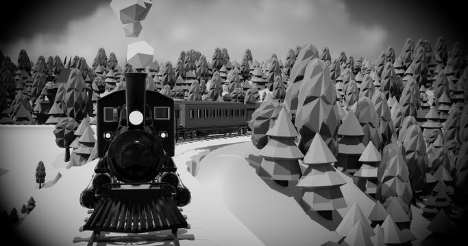 Train, mountains and trees. Summer holiday. Time to travel. 3d render illustration.