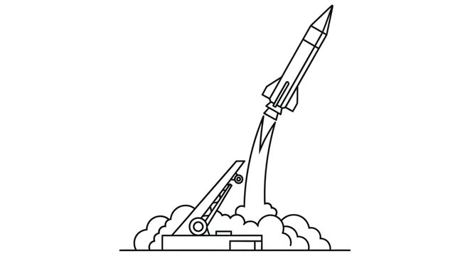 Line drawing of a rocket launching from a mobile platform with exhaust flames
