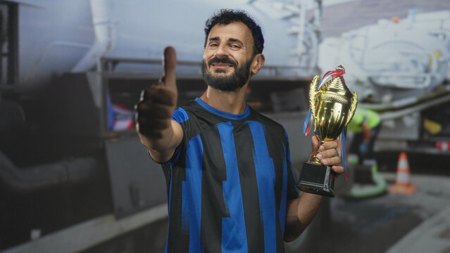 Middle aged man in soccer uniform holding trophy and showing thumbs down on airport tarmac; disappointment reflection.
