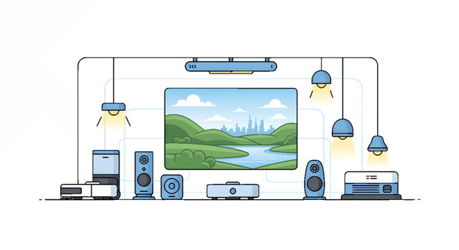 Modern home theater setup with large screen TV, speakers, projector, and lighting
