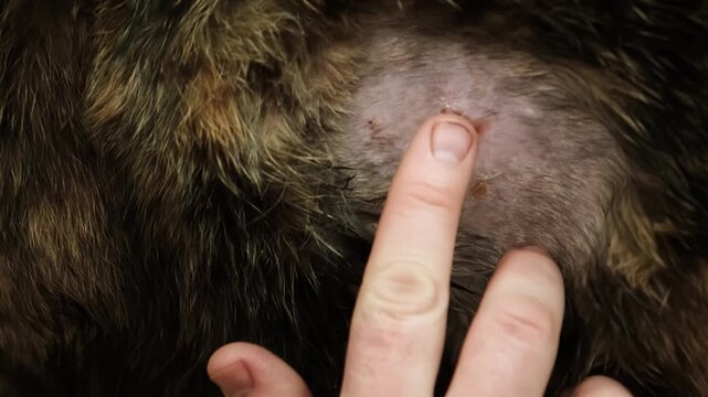 A man helps to cat holding and smearing a laceration with treatment ointment. A bloody bite wound on the pet's body after fight. An injured area of skin. Animal care. Owner love. High quality 4K video