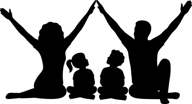 Family Silhouette Illustration of Parents and Children with Raised Hands
