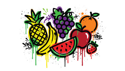 Obraz premium Colorful graffiti style fruit assortment with pineapple banana grapes apple orange watermelon strawberry and splashes.