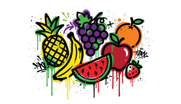 Colorful graffiti style fruit assortment with pineapple banana grapes apple orange watermelon strawberry and splashes.