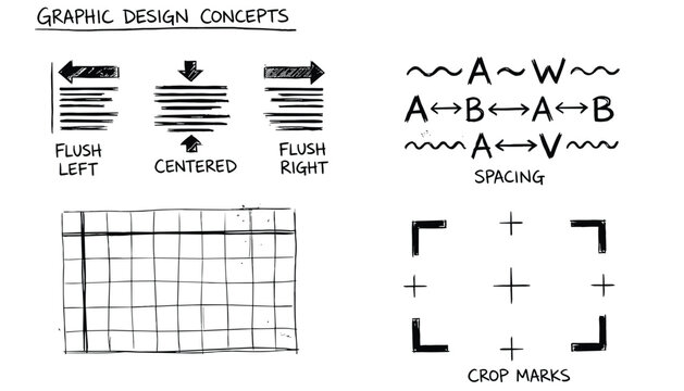 Graphic design concepts including flush text alignment, letter spacing, grid layout and crop marks, flat design vector elements.
