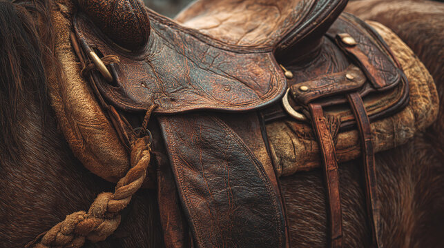 closeup of antique leather saddle featuring rough rustic texture and empty backdrop suitable for equestrian and western themes