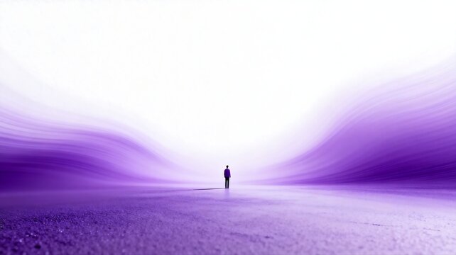 Solitary Figure Standing in Vast Purple Abstract Landscape