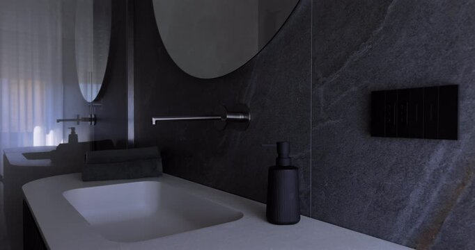 Dark stone bathroom with shower glass round mirror and monolithic sink, static video captures blinds rising as daylight spreads across strict minimalist interior and gradually reveals wall faucet