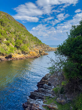 Scenic view of the Storms River Mouth gorge and suspension bridge