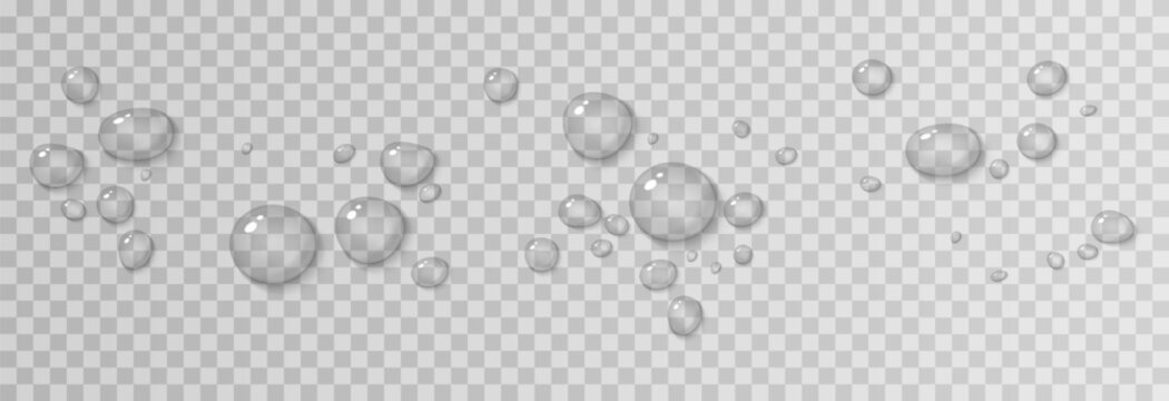 Realistic water drops PNG. Drops on surfaces, glass or windows after rain or from condensation. Water drops on an isolated transparent background.