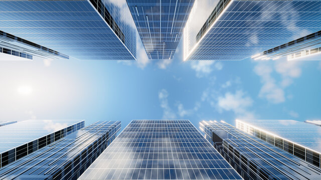 3D rendering of modern skyscrapers viewed from upward perspective against copy space on clear blue sky, reflects city growth, economic development, and innovative design. Suitable for background.