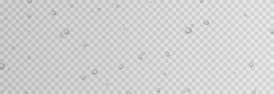 Realistic water drops PNG. Drops on surfaces, glass or windows after rain or from condensation. Water drops on an isolated transparent background.