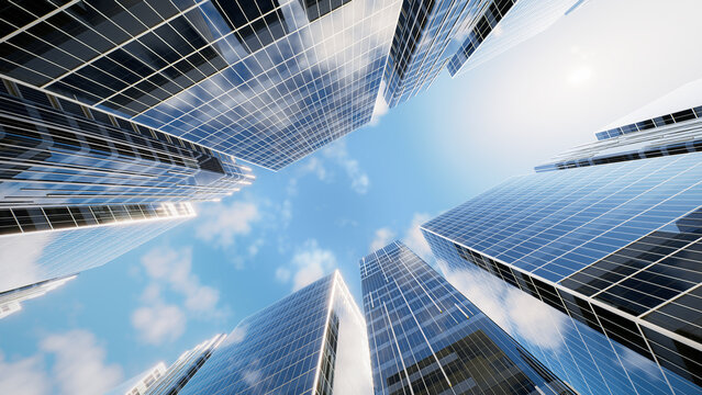 3D rendering of modern skyscrapers and luxury high-rise buildings viewed from dramatic low-angle perspective against bright blue sky. Symbolize urban growth, business success and city development.