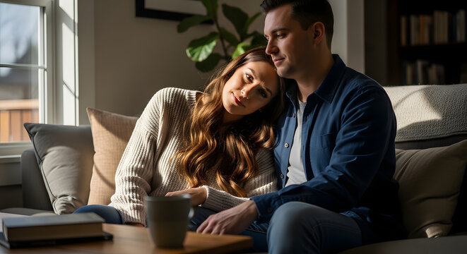 A young couple relaxing together on a sofa in a sunlit living room sharing a quiet moment