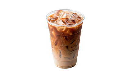 Refreshing iced coffee with milk in a clear plastic cup with a lid for summer beverage concepts isolated on transparent background cut out © Ivan