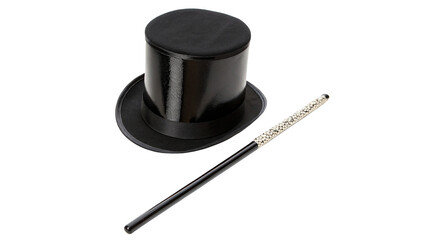 Classic black magician top hat with a magic wand for entertainment circus and performance show concepts isolated on transparent background cut out © Ivan