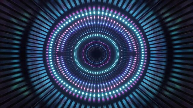Dynamic LED Light Tunnel Fly Through Animation with Blue Purple Pink Panels High Speed Motion Background 4K
