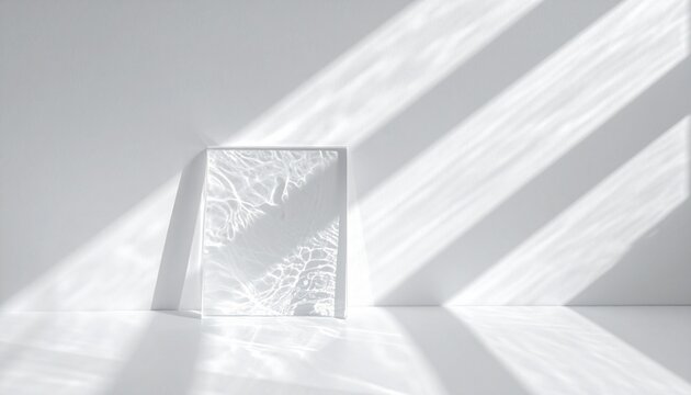 minimalist glass block with sunlight caustics and geometric shadows in white interior