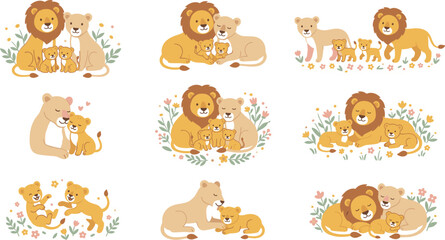 Cute lion family vector illustration set with loving parents and playful cubs, adorable safari wildlife scenes isolated on light background © MstKhyrun
