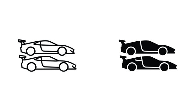Racing sports car with rear spoiler silhouette and outline icon set for automotive website or performance design
