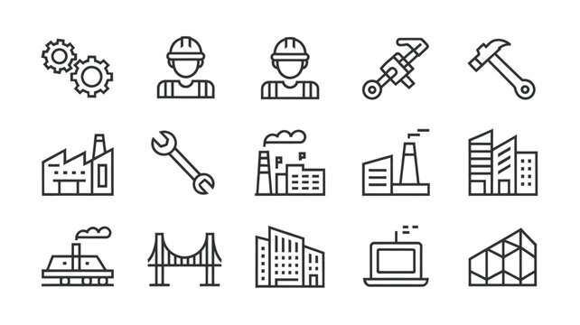 Construction Industry Line Icon Set with Engineer Factory Crane Building Tools and Industrial Architecture