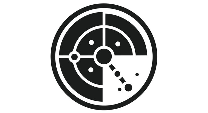 Black and white radar screen icon with segmented circular display and dotted line