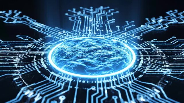 Futuristic circular portal with luminous circuit patterns radiating on digital tech backdrop. Blue neon frame featuring HUD interface, cyber elements, and electronic board aesthetics 4k video